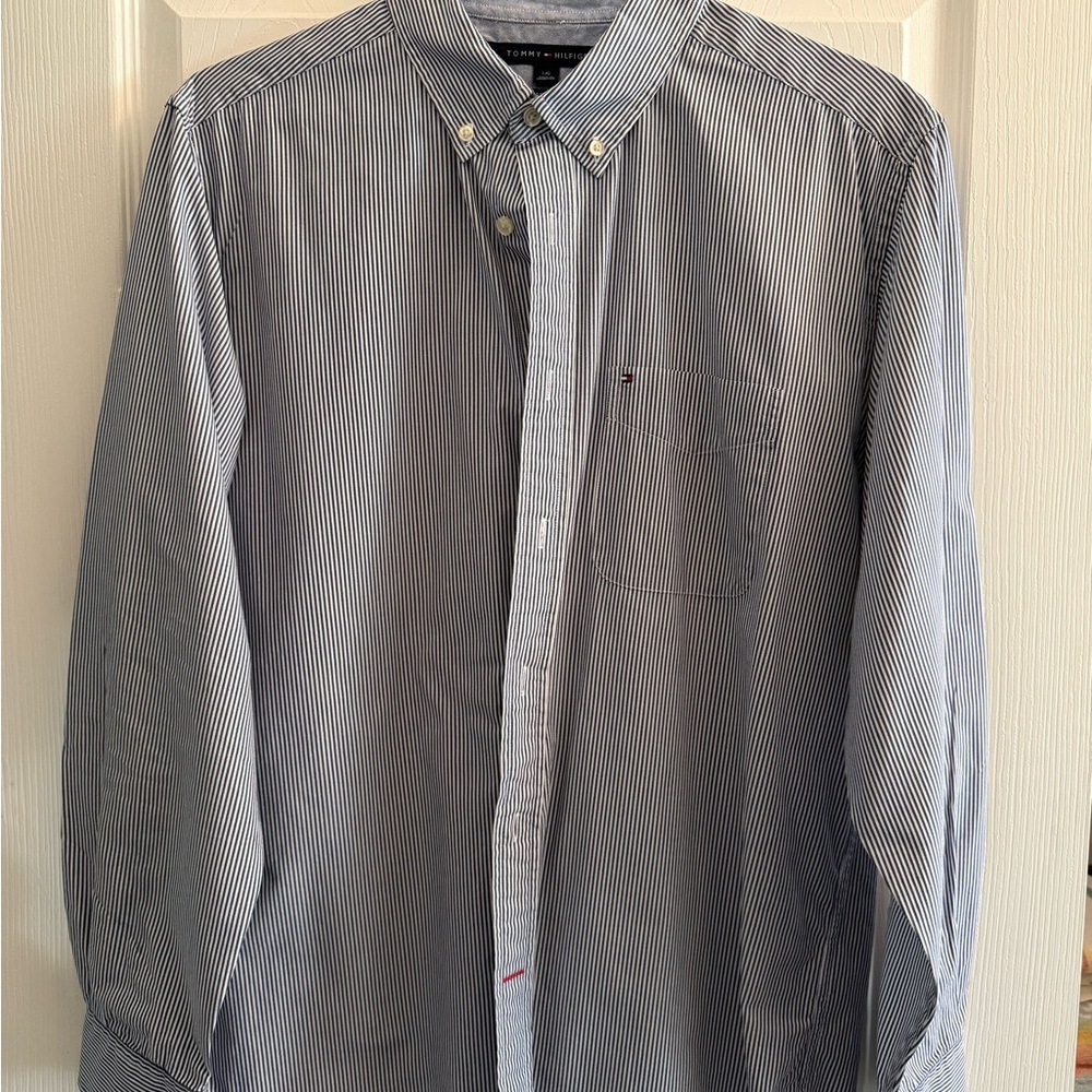 Tommy Hilfiger Men's Navy and White Pinstripe Button-Down Shirt